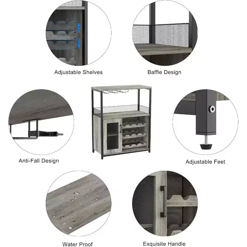 Coffee Wine Bar Rack Cabinet with Removable Wine Rack, Glass Holder, Drawer & Mesh Door  Sideboard and Buffet Storage for Dining Room, Kitchen