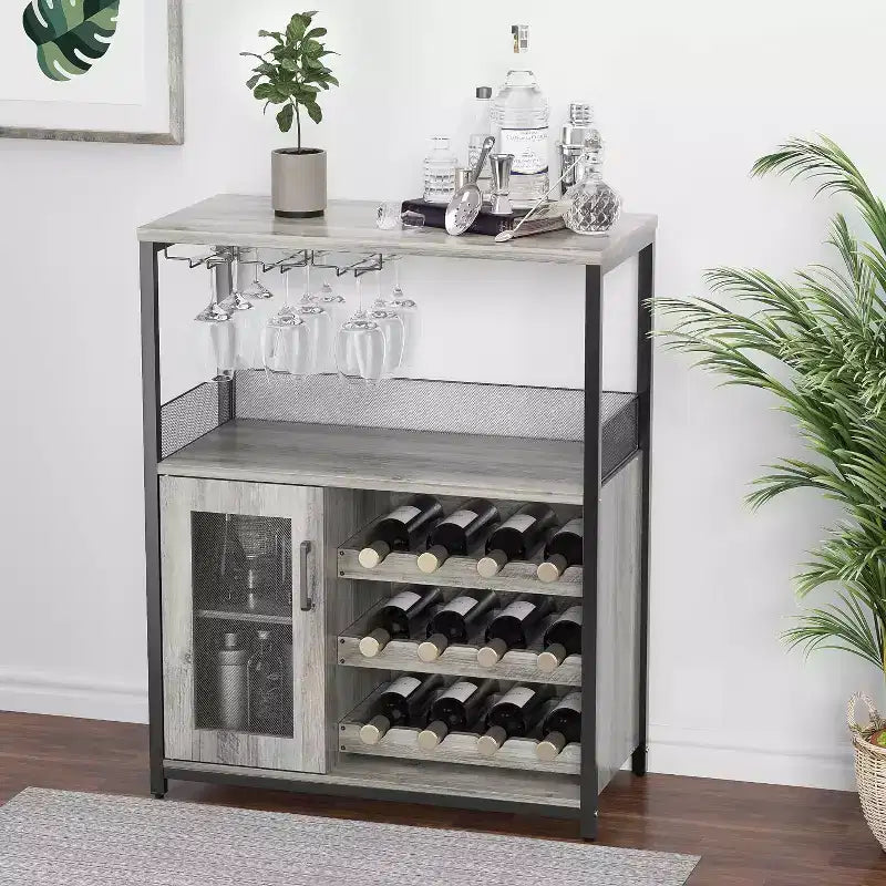 Coffee Wine Bar Rack Cabinet with Removable Wine Rack, Glass Holder, Drawer & Mesh Door  Sideboard and Buffet Storage for Dining Room, Kitchen