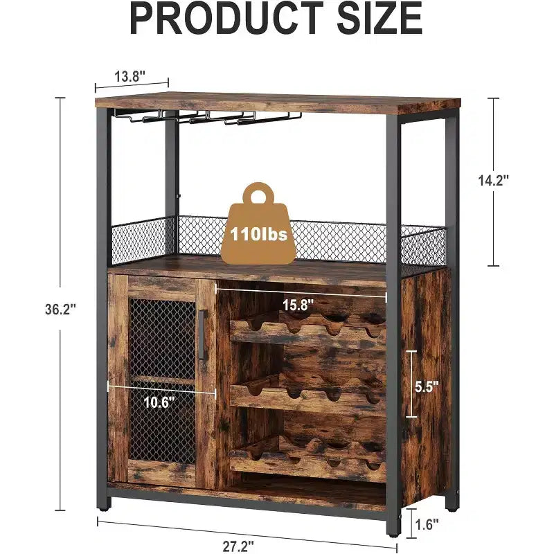 Coffee Wine Bar Rack Cabinet with Removable Wine Rack, Glass Holder, Drawer & Mesh Door  Sideboard and Buffet Storage for Dining Room, Kitchen