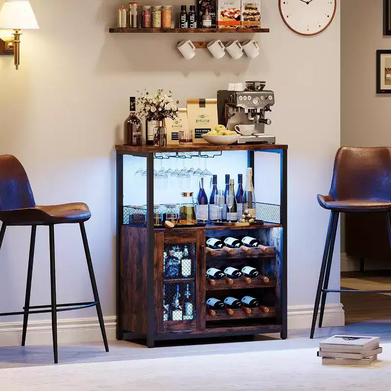 Coffee Wine Bar Rack Cabinet with Removable Wine Rack, Glass Holder, Drawer & Mesh Door  Sideboard and Buffet Storage for Dining Room, Kitchen