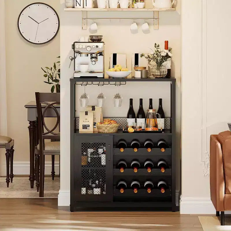 Coffee Wine Bar Rack Cabinet with Removable Wine Rack, Glass Holder, Drawer & Mesh Door  Sideboard and Buffet Storage for Dining Room, Kitchen