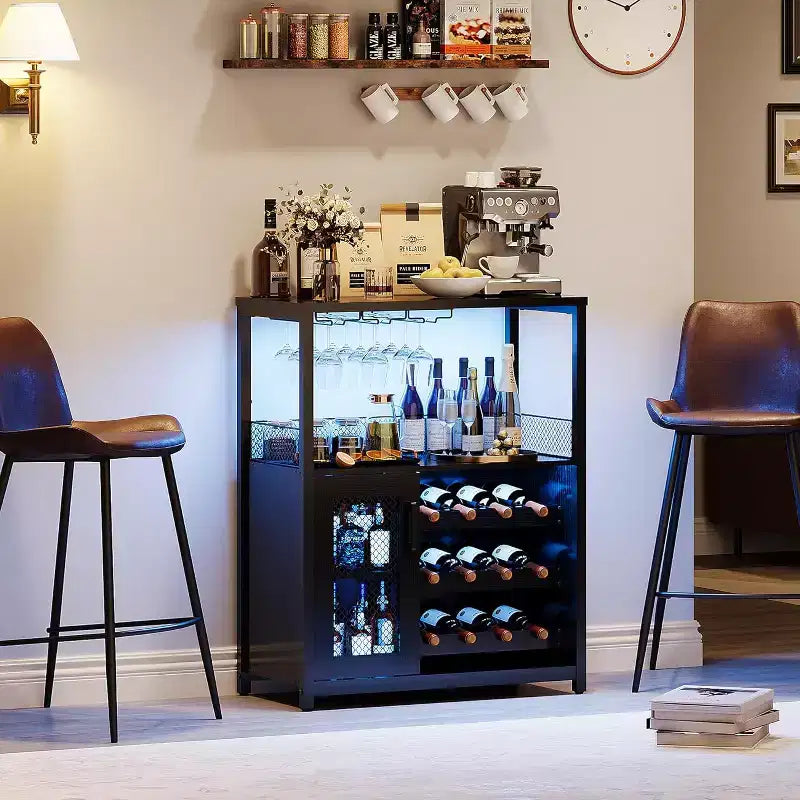 Coffee Wine Bar Rack Cabinet with Removable Wine Rack, Glass Holder, Drawer & Mesh Door  Sideboard and Buffet Storage for Dining Room, Kitchen