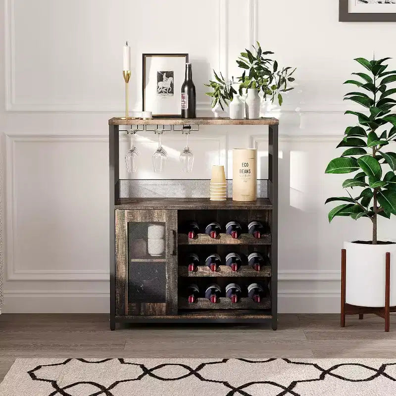 Coffee Wine Bar Rack Cabinet with Removable Wine Rack, Glass Holder, Drawer & Mesh Door  Sideboard and Buffet Storage for Dining Room, Kitchen