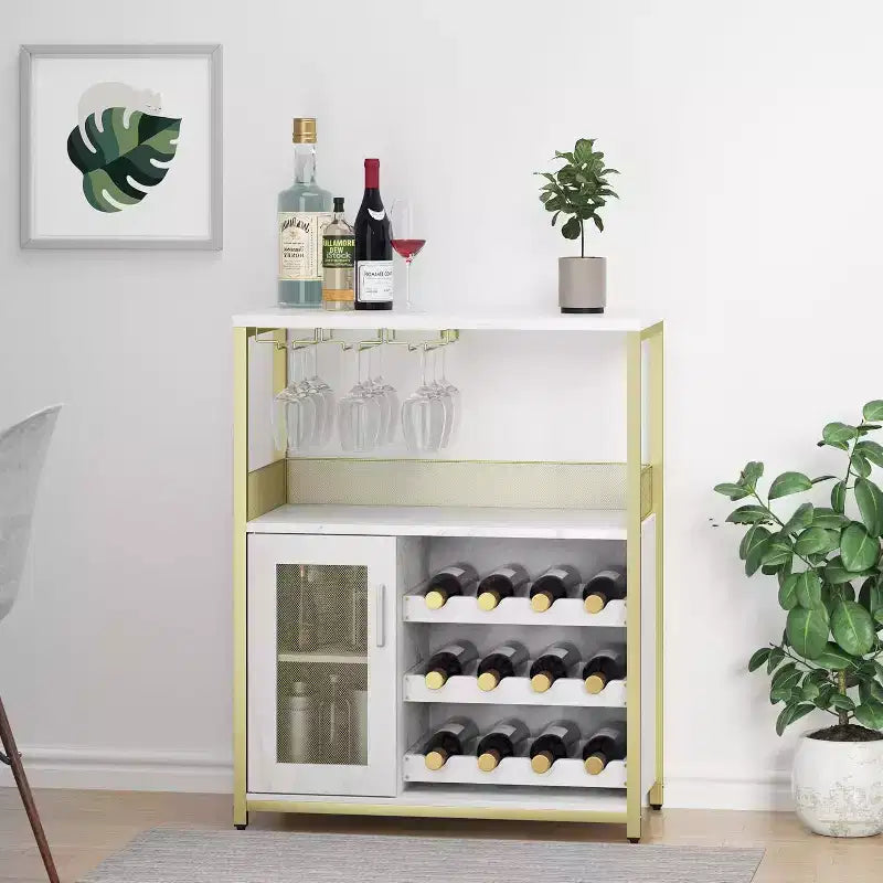 Coffee Wine Bar Rack Cabinet with Removable Wine Rack, Glass Holder, Drawer & Mesh Door  Sideboard and Buffet Storage for Dining Room, Kitchen