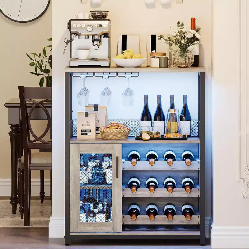 Coffee Wine Bar Rack Cabinet with Removable Wine Rack, Glass Holder, Drawer & Mesh Door  Sideboard and Buffet Storage for Dining Room, Kitchen