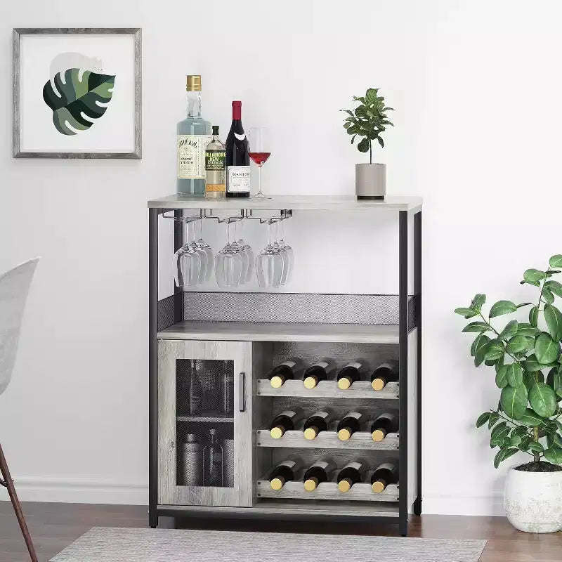Coffee Wine Bar Rack Cabinet with Removable Wine Rack, Glass Holder, Drawer & Mesh Door  Sideboard and Buffet Storage for Dining Room, Kitchen
