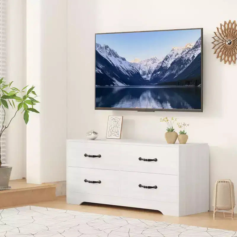 TV Stand with Mount for 32-75 Inch TVs, Modern Media Console Table with 4 Large Drawers, Entertainment Center Dresser for Living Room & Bedroom