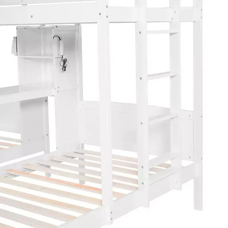 Twin over Twin Bunk Bed with Built-in Desk, Storage Shelves & Reading Lamp, 3-in-1 Design
