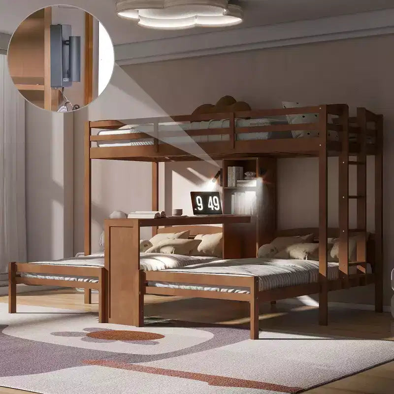 Twin over Twin Bunk Bed with Built-in Desk, Storage Shelves & Reading Lamp, 3-in-1 Design