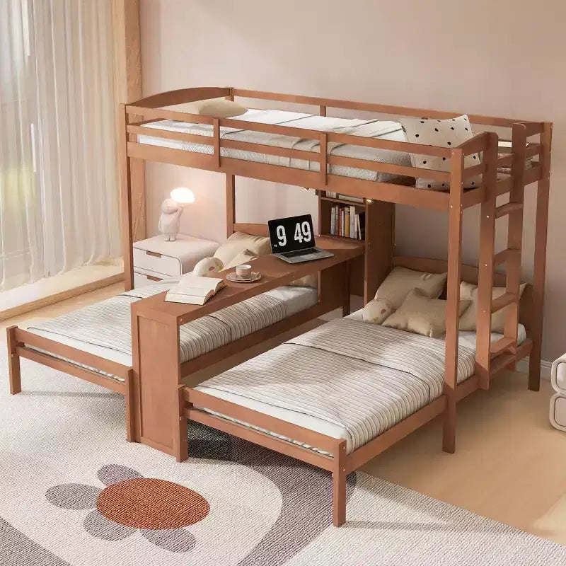Twin over Twin Bunk Bed with Built-in Desk, Storage Shelves & Reading Lamp, 3-in-1 Design