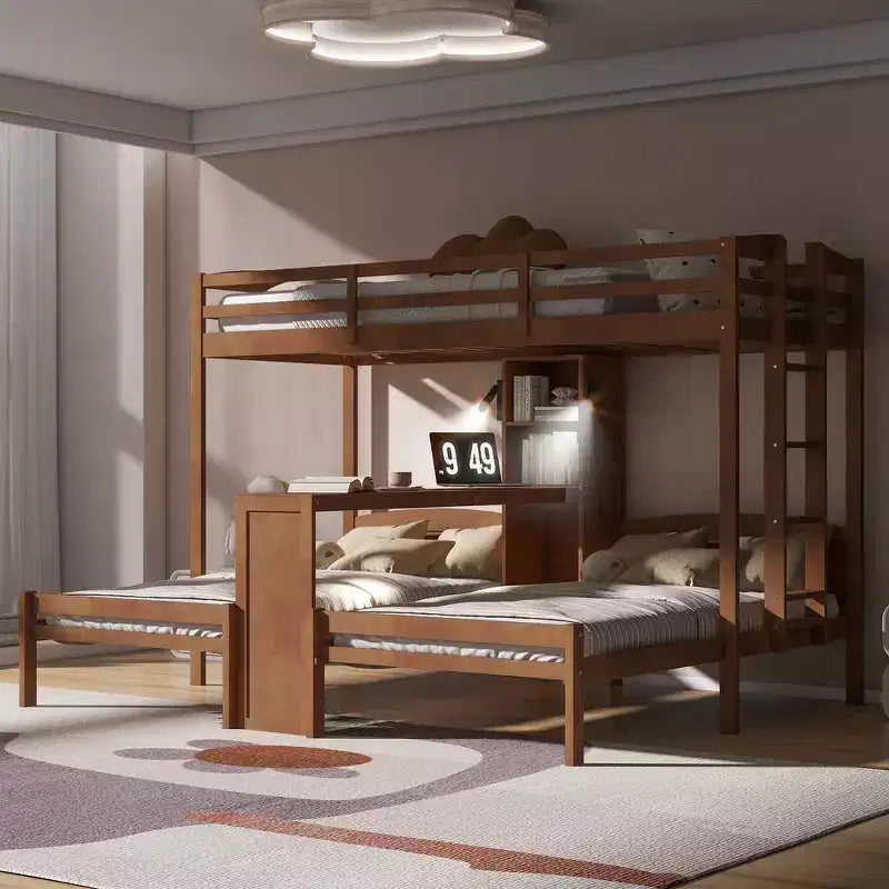 Twin over Twin Bunk Bed with Built-in Desk, Storage Shelves & Reading Lamp, 3-in-1 Design