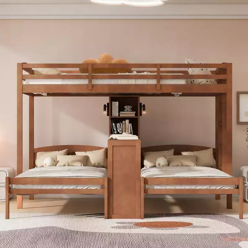 Twin over Twin Bunk Bed with Built-in Desk, Storage Shelves & Reading Lamp, 3-in-1 Design