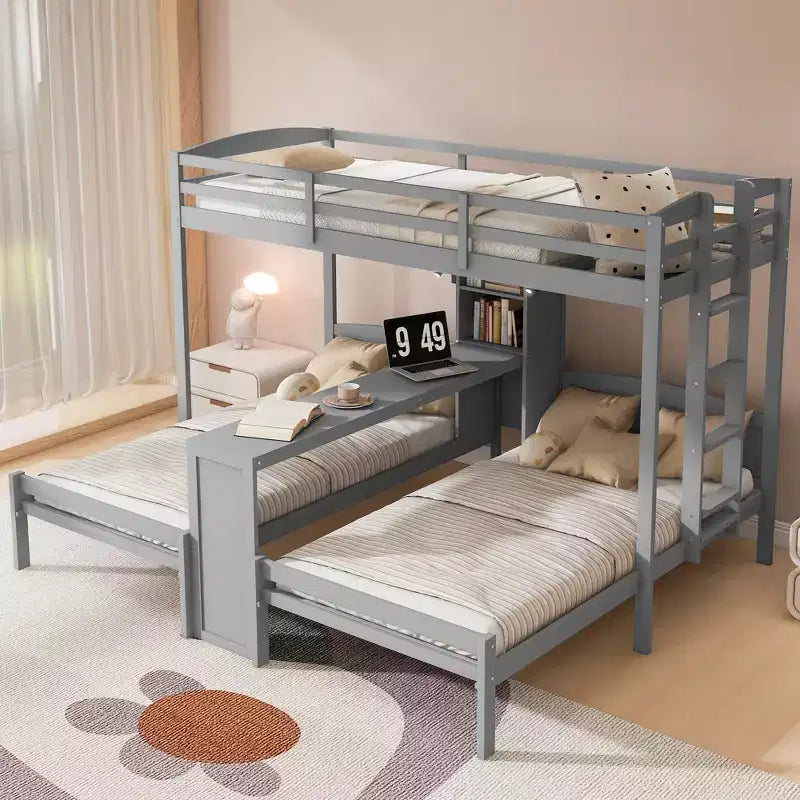 Twin over Twin Bunk Bed with Built-in Desk, Storage Shelves & Reading Lamp, 3-in-1 Design
