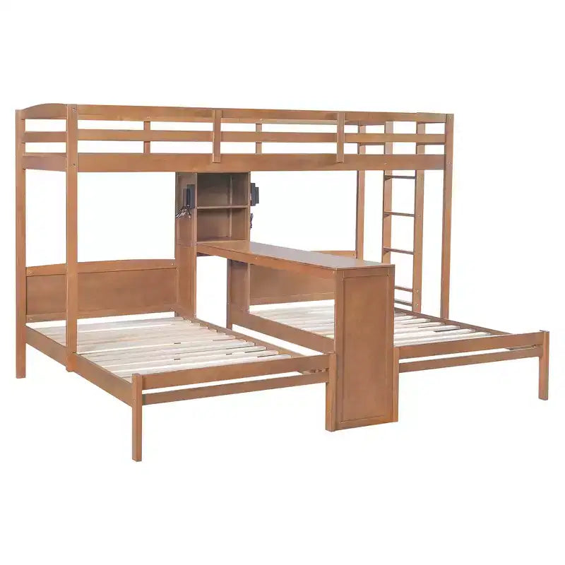 Twin over Twin Bunk Bed with Built-in Desk, Storage Shelves & Reading Lamp, 3-in-1 Design