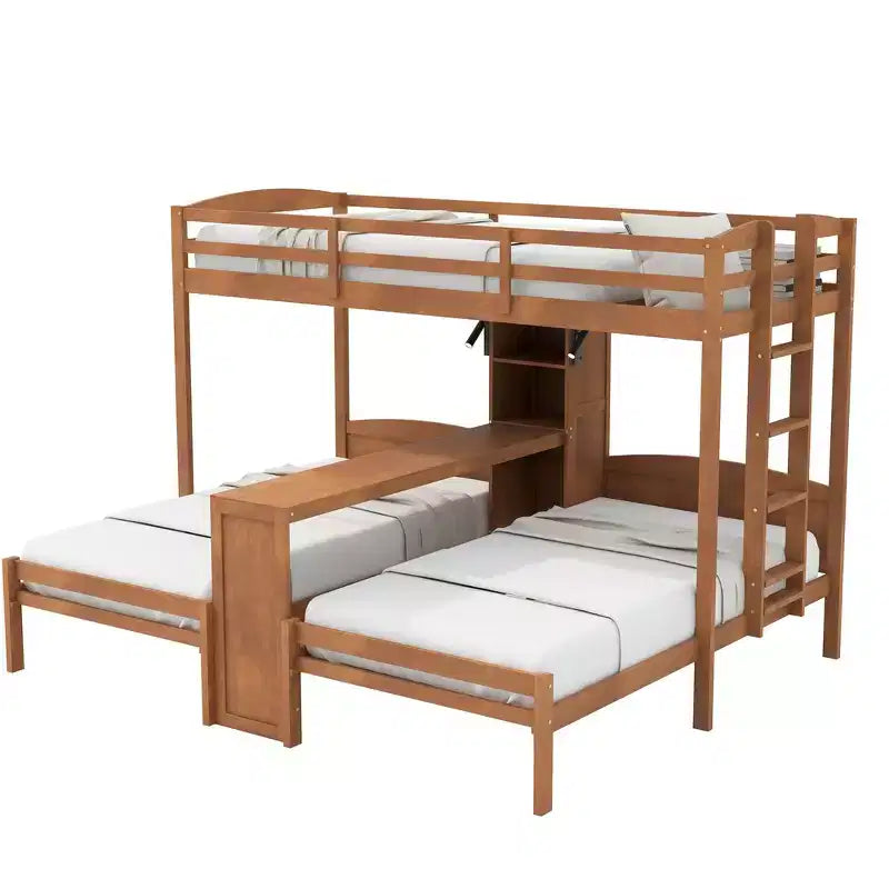 Twin over Twin Bunk Bed with Built-in Desk, Storage Shelves & Reading Lamp, 3-in-1 Design