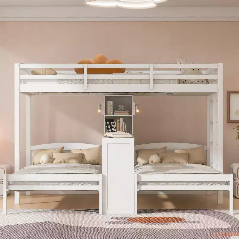 Twin over Twin Bunk Bed with Built-in Desk, Storage Shelves & Reading Lamp, 3-in-1 Design