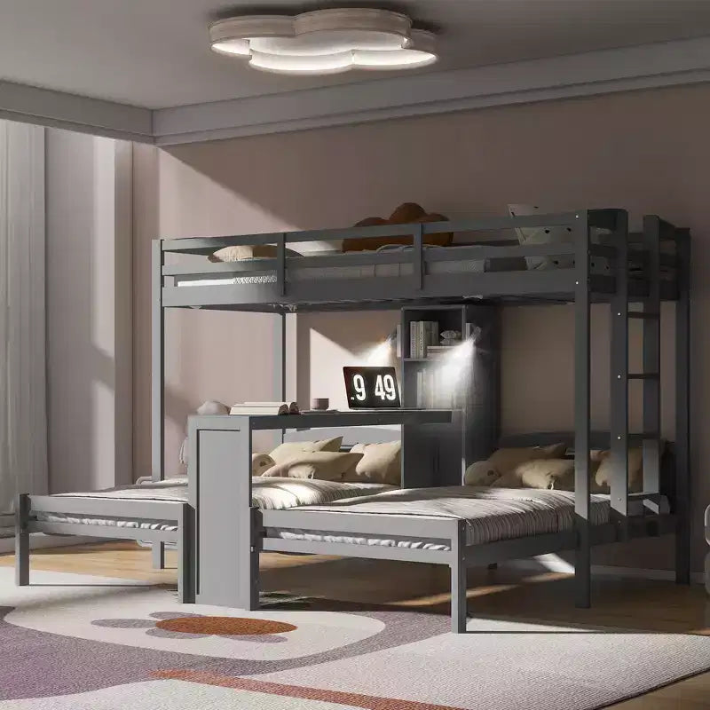 Twin over Twin Bunk Bed with Built-in Desk, Storage Shelves & Reading Lamp, 3-in-1 Design