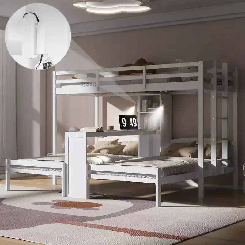 Twin over Twin Bunk Bed with Built-in Desk, Storage Shelves & Reading Lamp, 3-in-1 Design