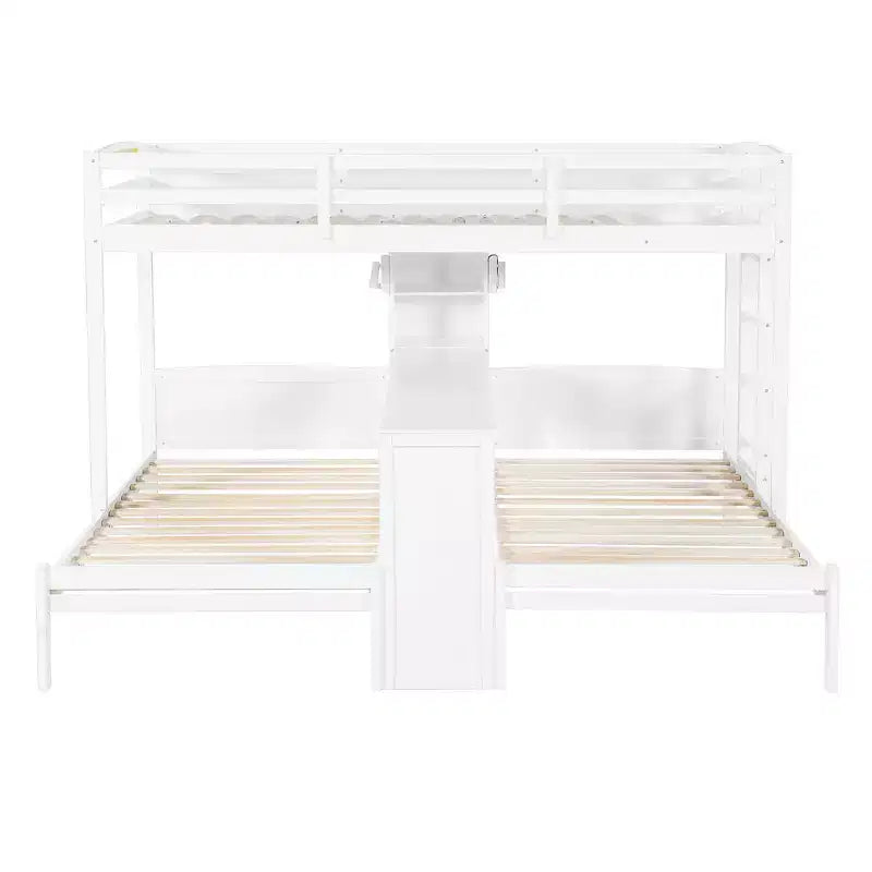 Twin over Twin Bunk Bed with Built-in Desk, Storage Shelves & Reading Lamp, 3-in-1 Design
