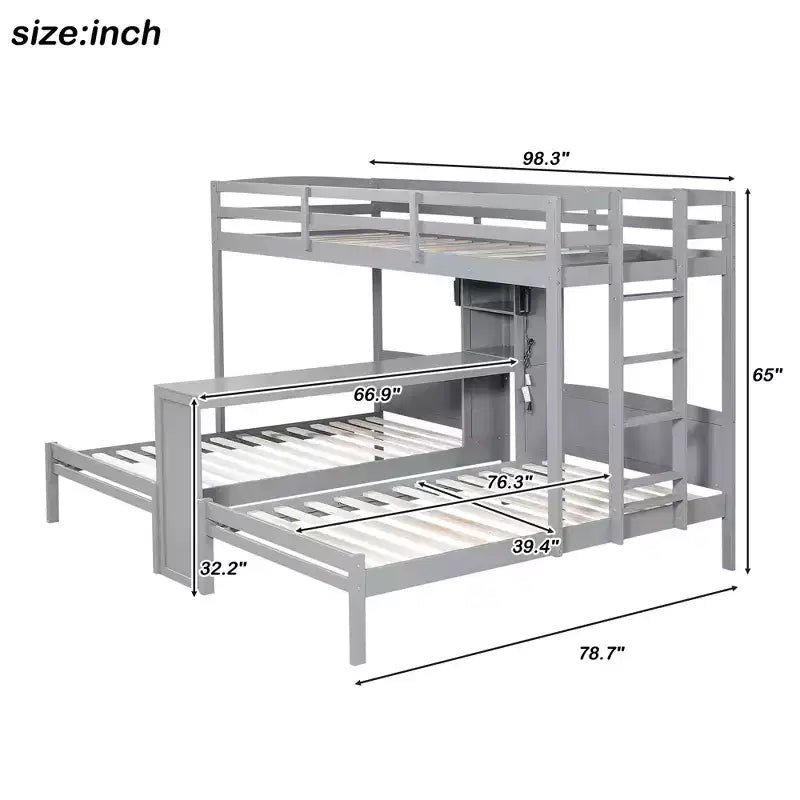 Twin over Twin Bunk Bed with Built-in Desk, Storage Shelves & Reading Lamp, 3-in-1 Design