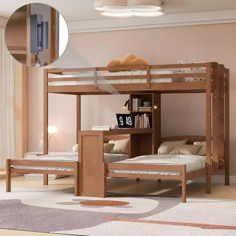 Twin over Twin Bunk Bed with Built-in Desk, Storage Shelves & Reading Lamp, 3-in-1 Design