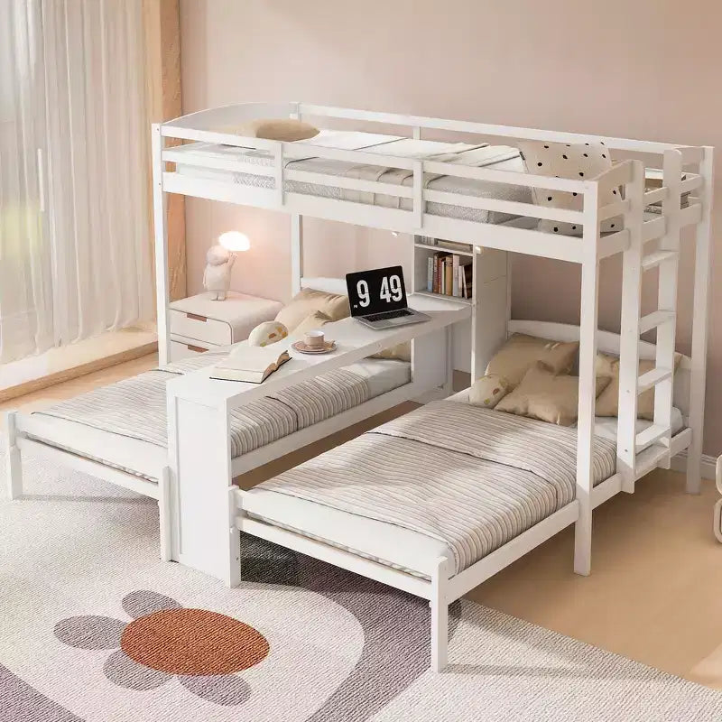 Twin over Twin Bunk Bed with Built-in Desk, Storage Shelves & Reading Lamp, 3-in-1 Design