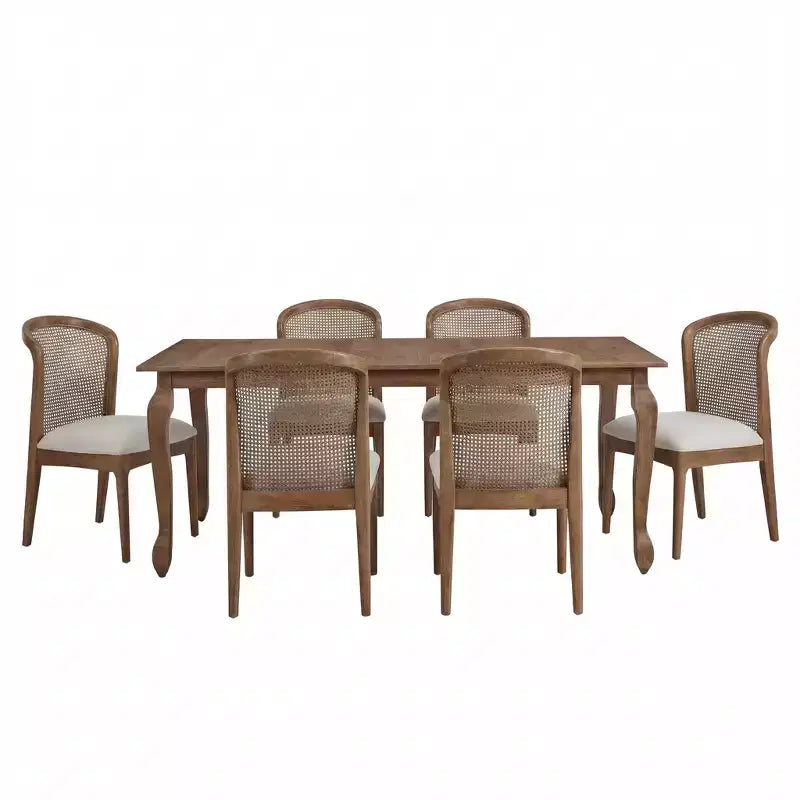 Christopher Knight Home Thaddea 7-Piece Farmhouse Expandable Rubberwood Dining Set with Rattan Fabric Upholstered Chairs