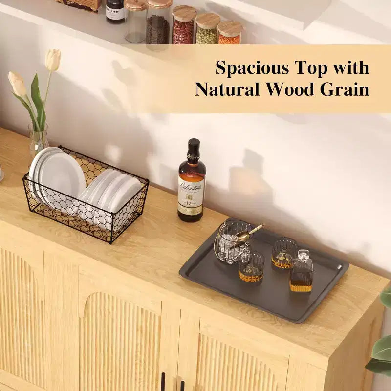 71-inch sideboard, four-door design, with recessed trim and adjustable shelves.