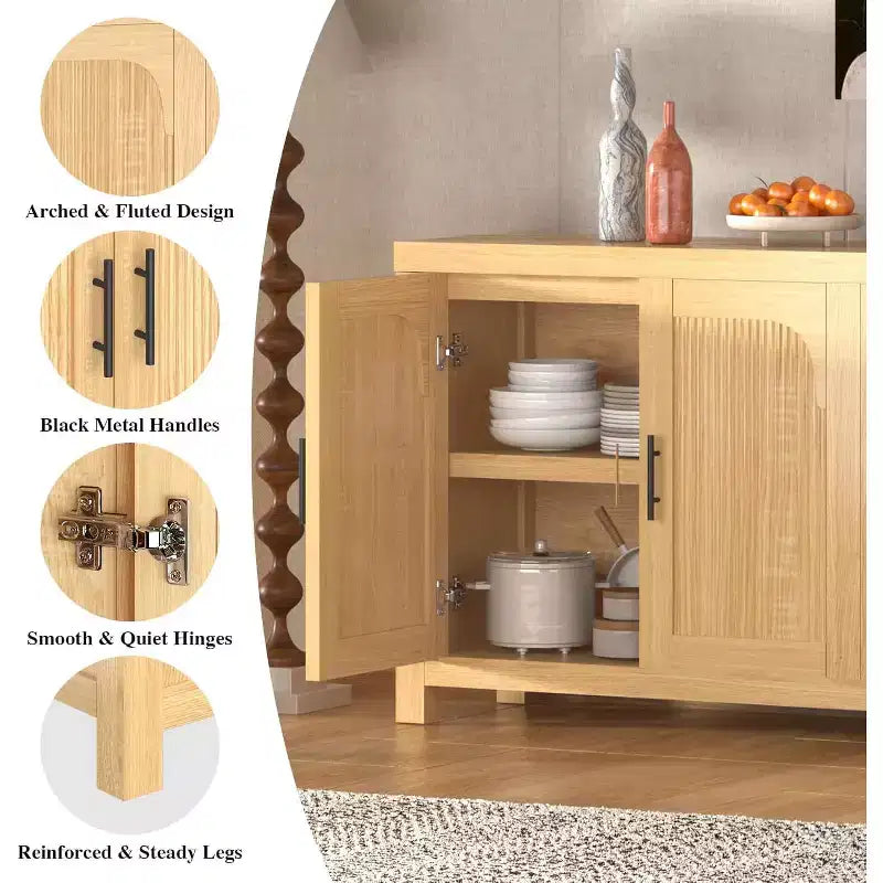 71-inch sideboard, four-door design, with recessed trim and adjustable shelves.