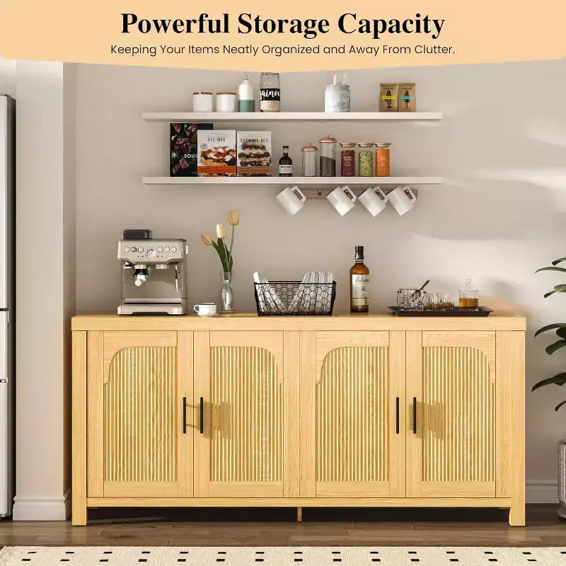 71-inch sideboard, four-door design, with recessed trim and adjustable shelves.