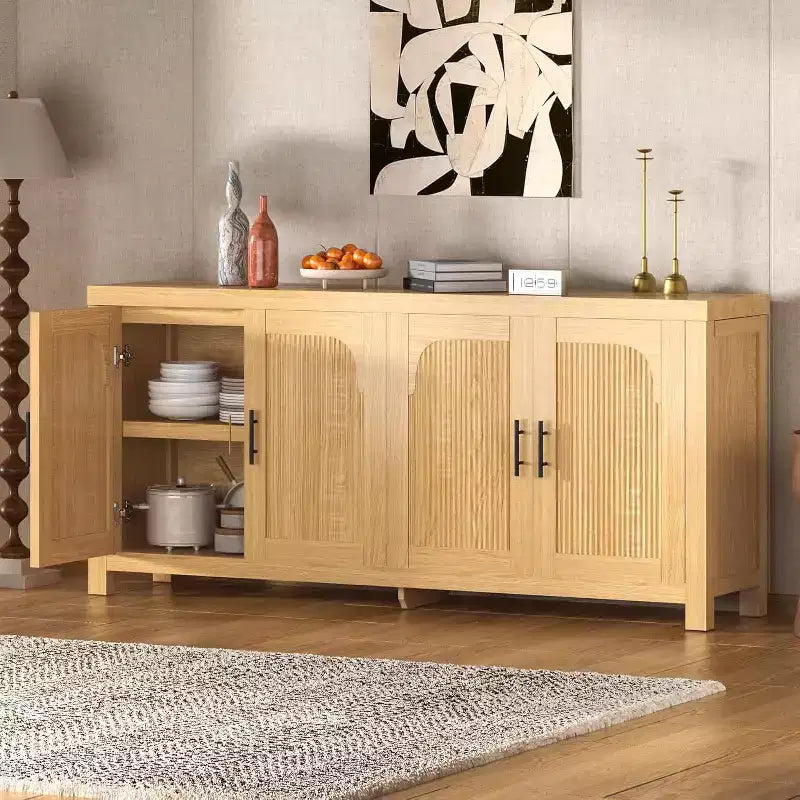 71-inch sideboard, four-door design, with recessed trim and adjustable shelves.