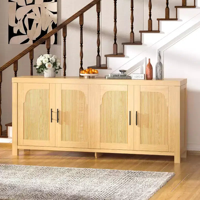 71-inch sideboard, four-door design, with recessed trim and adjustable shelves.