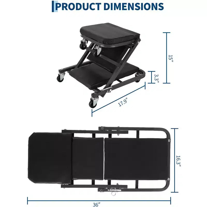 2-in-1 Collapsible Mechanic Creeper Seat, Adjustable Rolling Garage Workshop Chair, 330 LBS Capacity, 6 Swivel Wheels, Steel Frame, for Car Repair