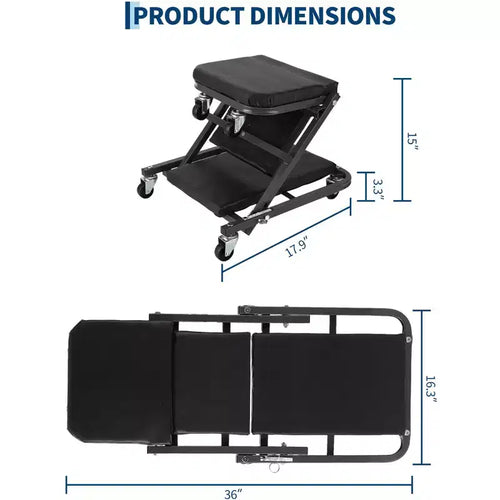 2-in-1 Collapsible Mechanic Creeper Seat, Adjustable Rolling Garage Workshop Chair, 330 LBS Capacity, 6 Swivel Wheels, Steel Frame, for Car Repair