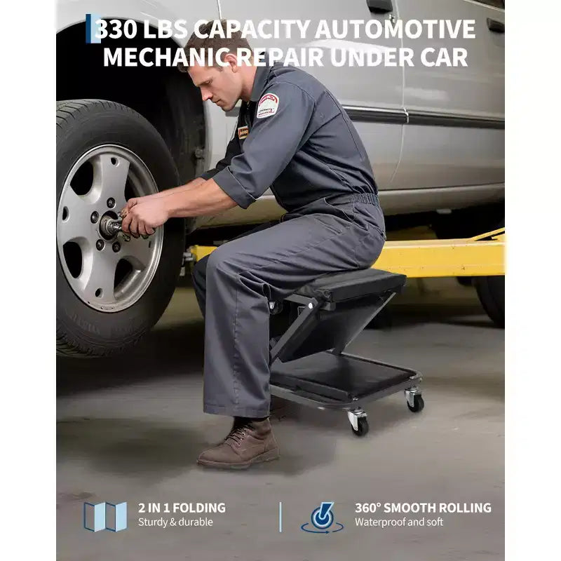 2-in-1 Collapsible Mechanic Creeper Seat, Adjustable Rolling Garage Workshop Chair, 330 LBS Capacity, 6 Swivel Wheels, Steel Frame, for Car Repair