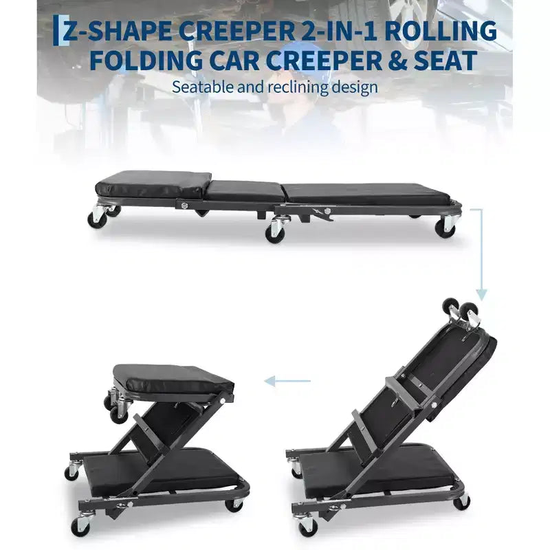 2-in-1 Collapsible Mechanic Creeper Seat, Adjustable Rolling Garage Workshop Chair, 330 LBS Capacity, 6 Swivel Wheels, Steel Frame, for Car Repair