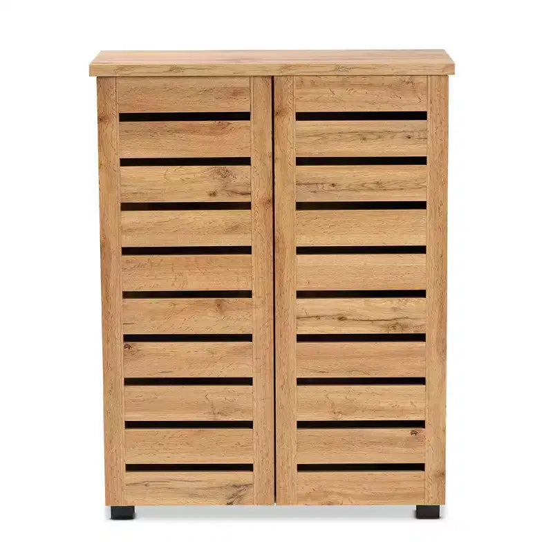 Wood 2 Door Shoe Cabinet, Oak Brown, Entryway Organizer with 5 Shelves