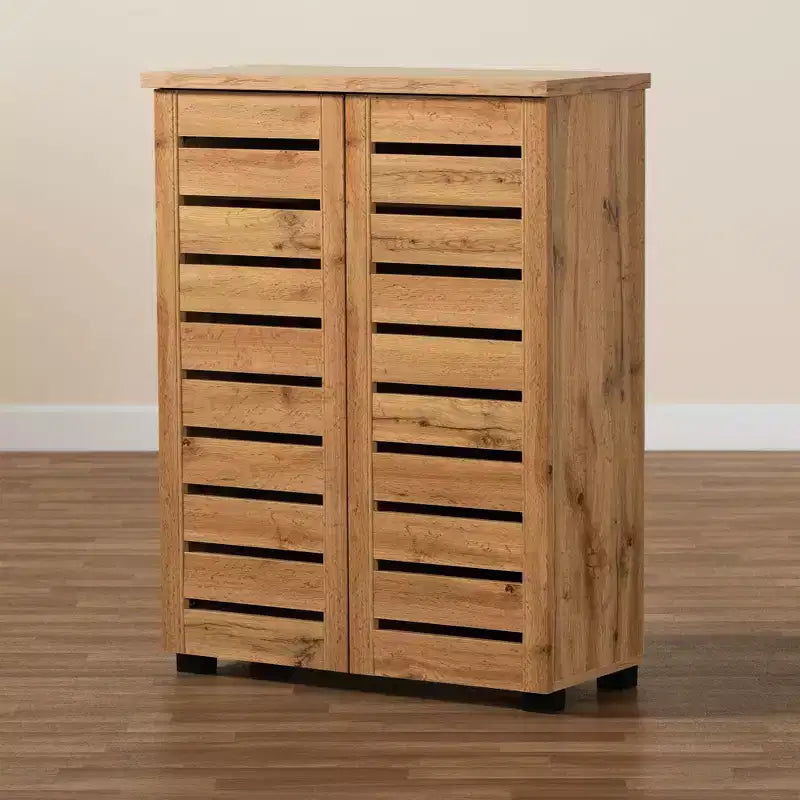 Wood 2 Door Shoe Cabinet, Oak Brown, Entryway Organizer with 5 Shelves
