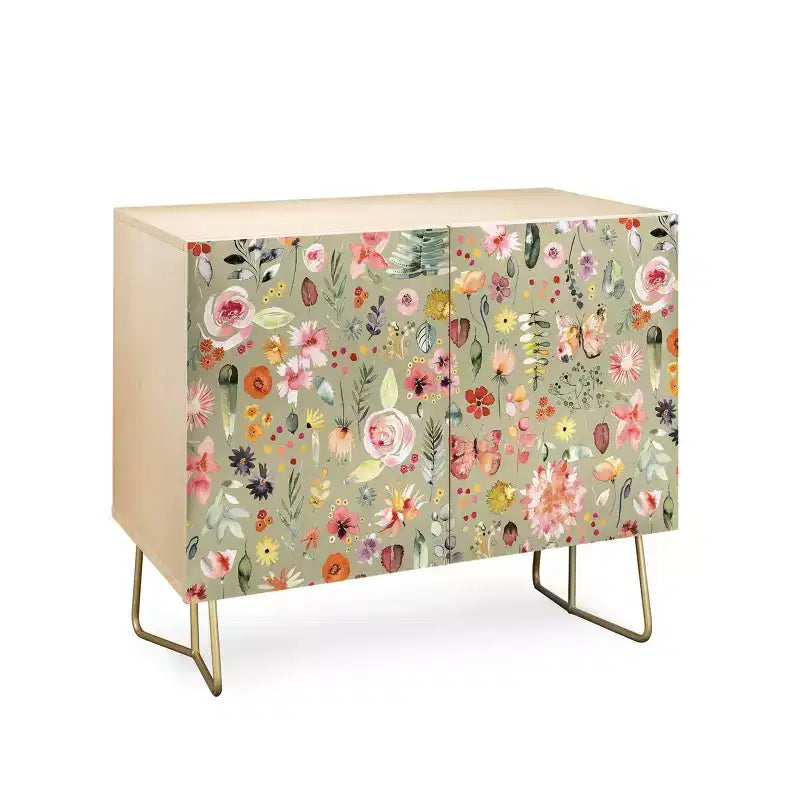 Countryside Colorful Plants Credenza, Green/Gold