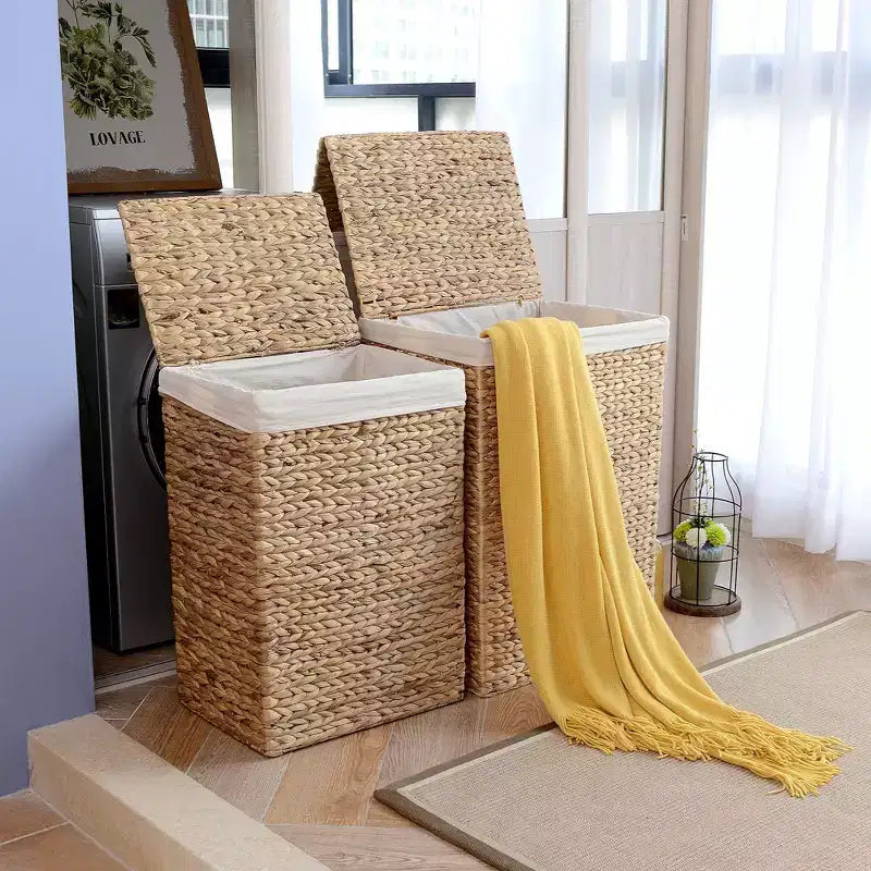 Handmade Wicker Laundry Hampers with Lids, Set of 2, Natural