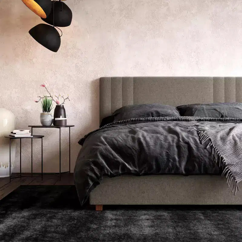Upholstered Platform Bed with Tufted Headboard, Gray Linen