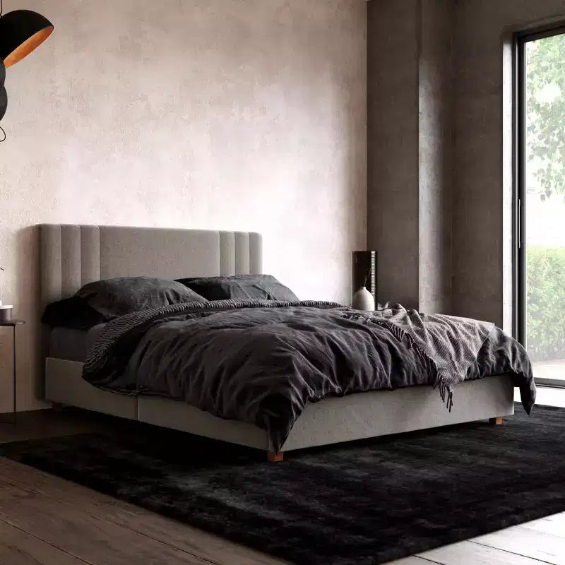 Upholstered Platform Bed with Tufted Headboard, Gray Linen
