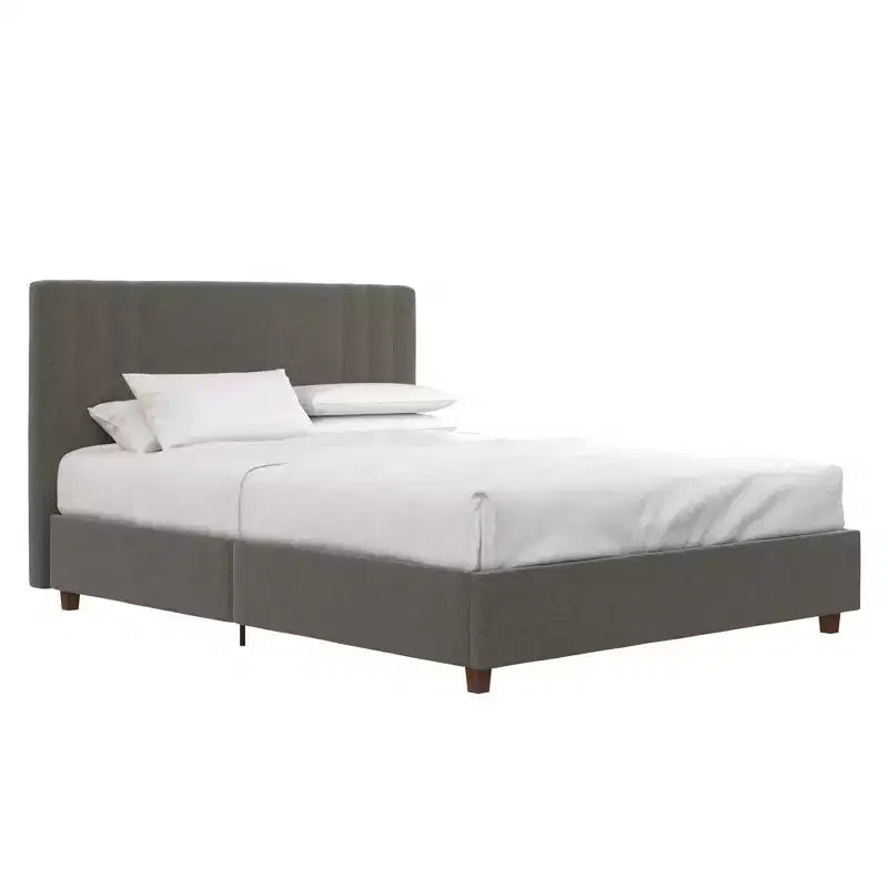 Upholstered Platform Bed with Tufted Headboard, Gray Linen