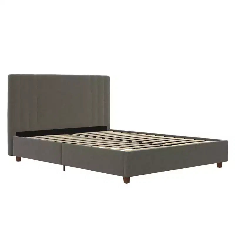 Upholstered Platform Bed with Tufted Headboard, Gray Linen