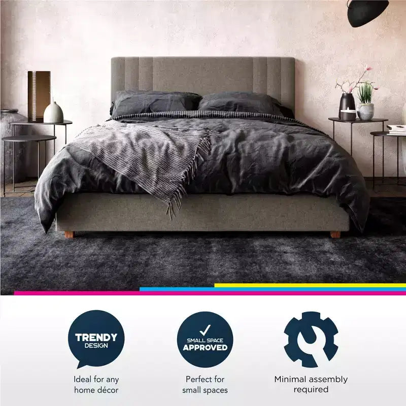Upholstered Platform Bed with Tufted Headboard, Gray Linen