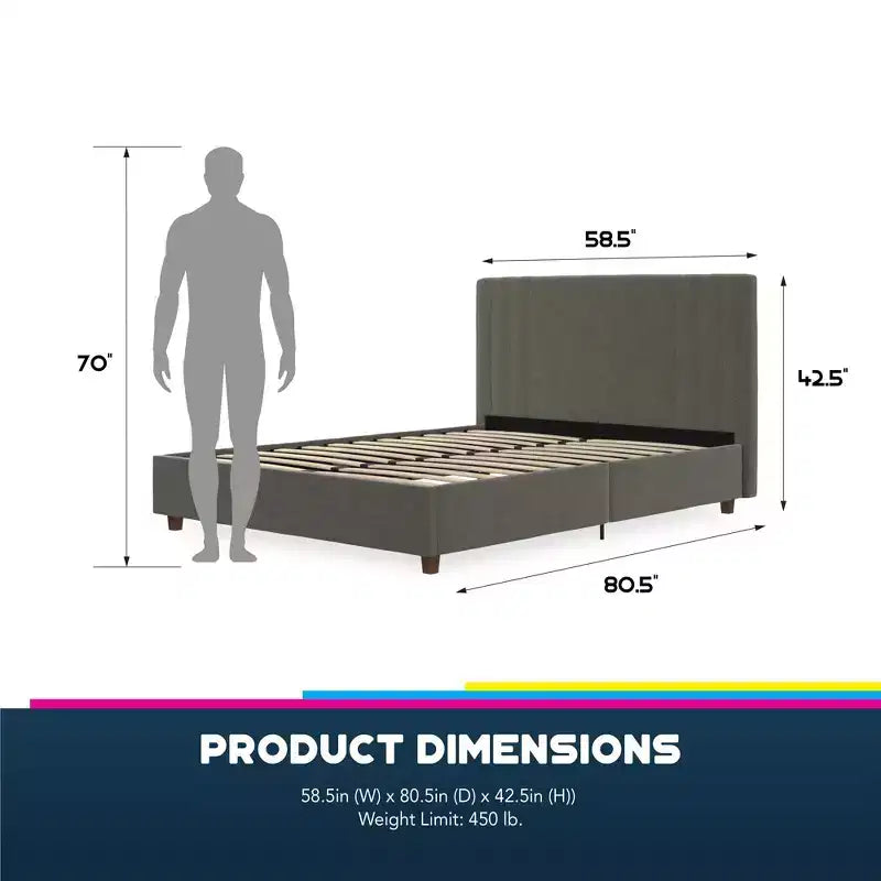 Upholstered Platform Bed with Tufted Headboard, Gray Linen