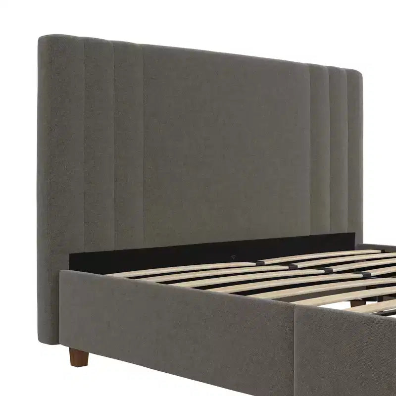 Upholstered Platform Bed with Tufted Headboard, Gray Linen