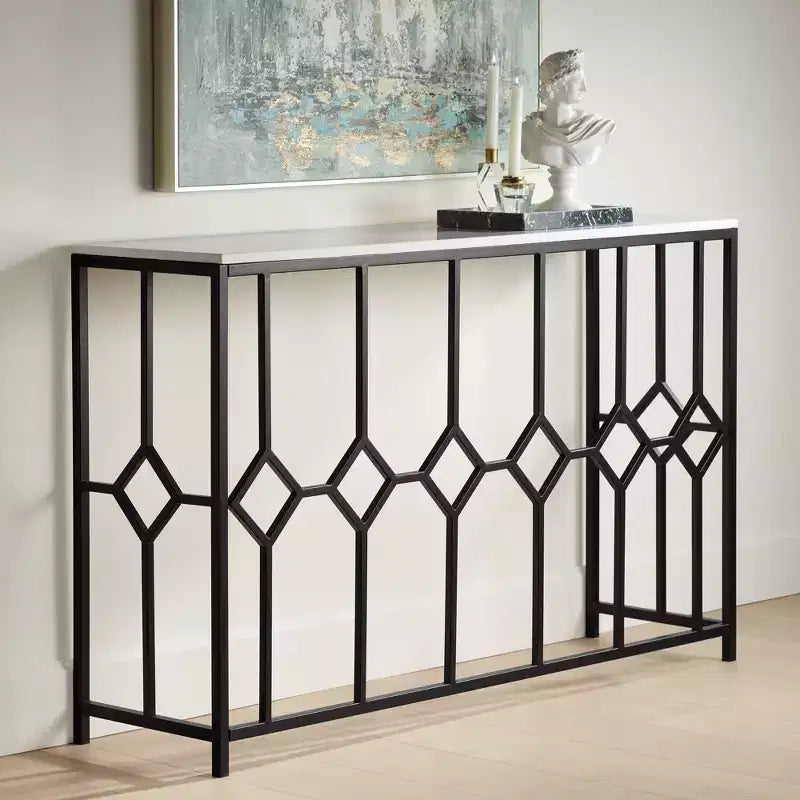 Modern Iron Rectangular Console Table 52 1/4 x 14 Black Geometrical White Stone Tabletop for Living Room