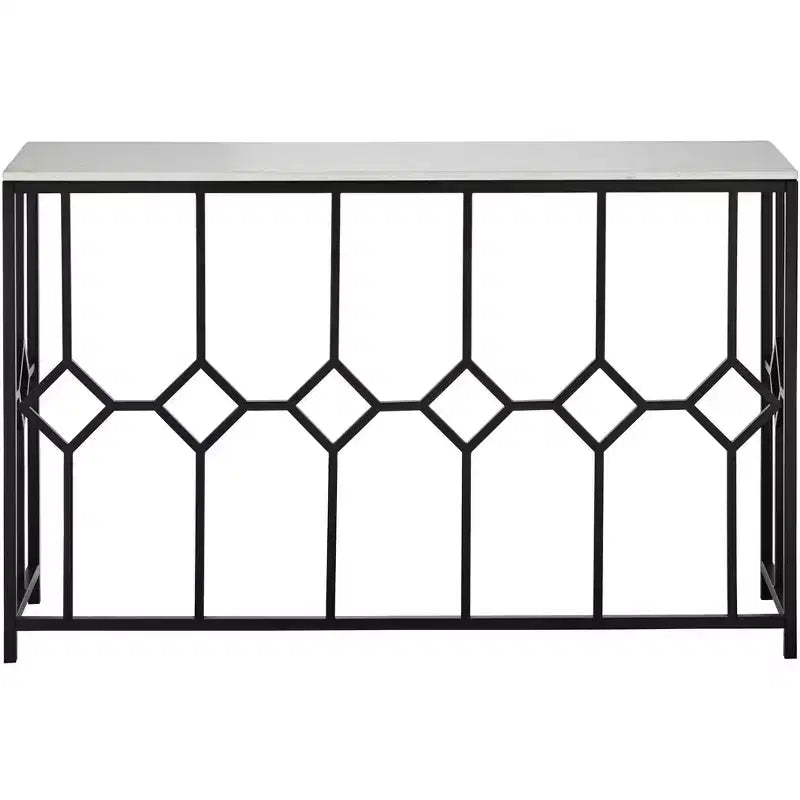 Modern Iron Rectangular Console Table 52 1/4 x 14 Black Geometrical White Stone Tabletop for Living Room