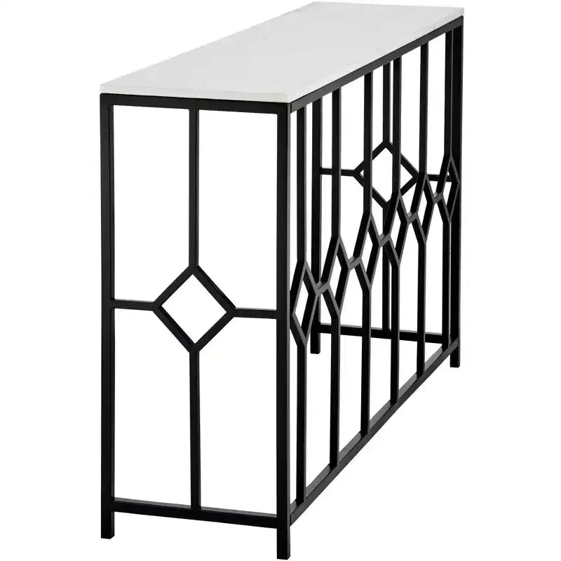 Modern Iron Rectangular Console Table 52 1/4 x 14 Black Geometrical White Stone Tabletop for Living Room